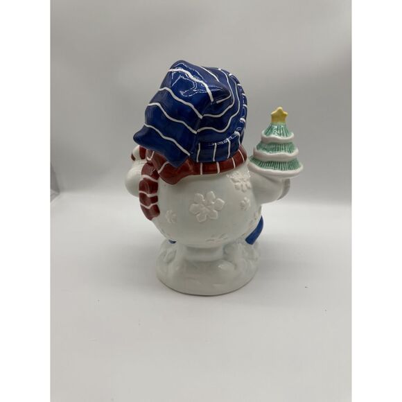 SNOWMAN Blue Willow Hat Candy Swag Peppermint Snowflake Cookie Jar - Picture 3 of 6